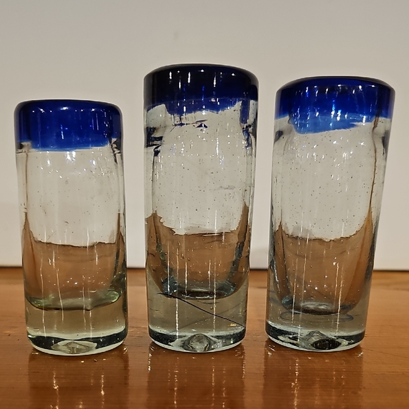 Other - Set of 3 Handblown Glass Shot Glasses with Cobalt Blue Rim